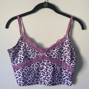 Purple cheetah print cropped tank top with lace trim